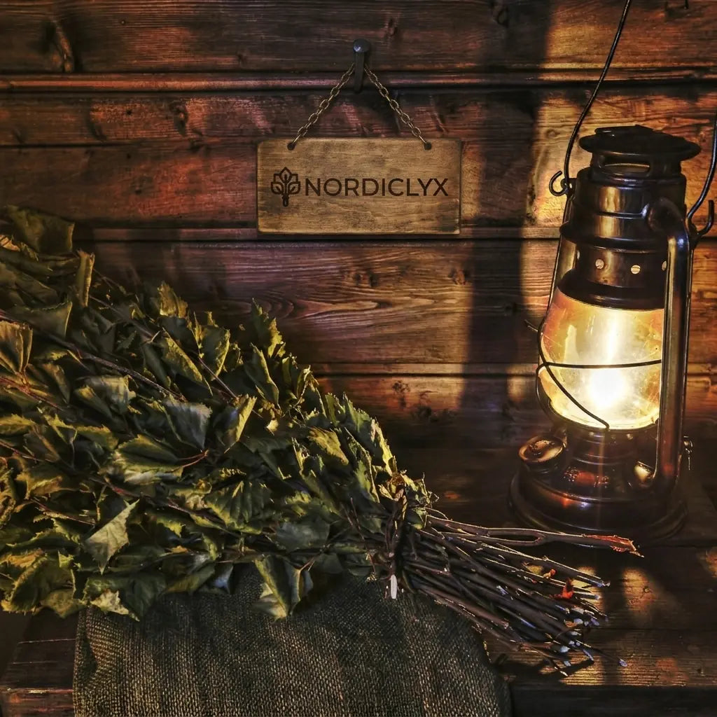 An authentic dark sauna interior illuminated by a vintage lantern with fresh oak sauna whisks.